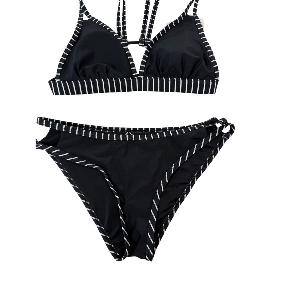 Cupshe NWT Black White Stripe V-Neck Double Strap Bikini Hip Cutout Set Small S - Picture 7 of 13